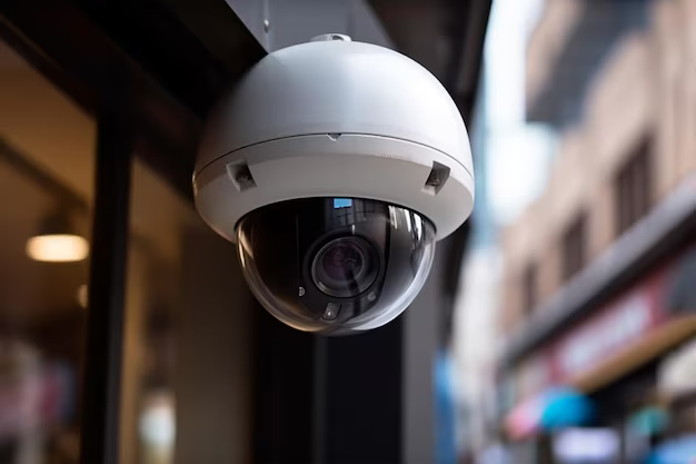 Caméra de surveillance extérieure fixée sur bâtiment moderne pour sécuriser habitation et entreprise